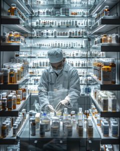 Photo of a pharmacist in a compact pharmacy, preparing a custom medication with precision. The image is taken from a top-down view, showing the pharmacist’s careful work and the small, well-organized workspace. Realistic and cinematic. Award-winning photography. Advertising photography. Commercial photography. --chaos 13 --ar 4:5 --stylize 300 Job ID: 859369c2-19f4-46ea-ae49-4f4d9b062c97